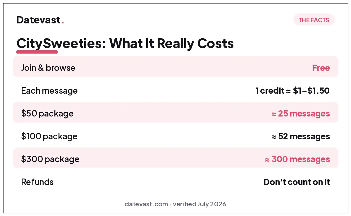 CitySweeties pricing: free to browse, about $1 to $1.50 per message credit, packages from $50 for 25 messages to $300 for 300 messages, refunds unlikely
