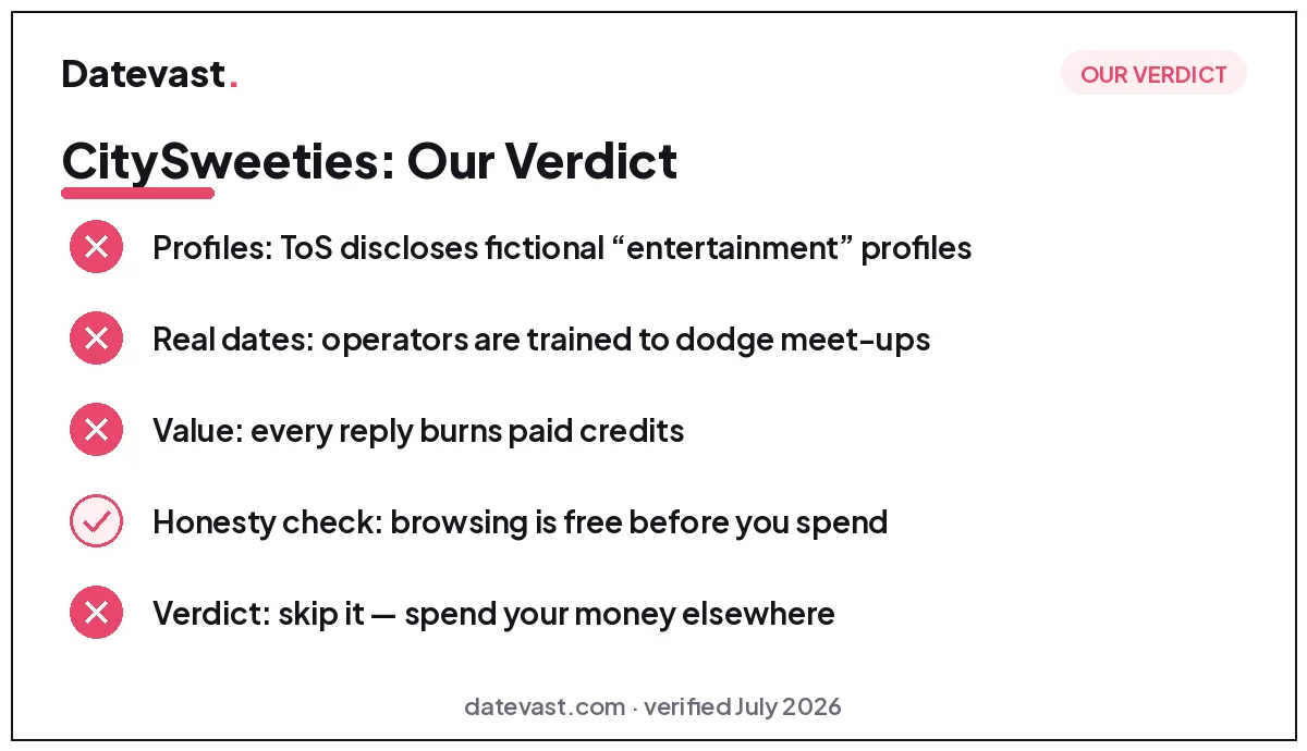 CitySweeties verdict checklist: fictional profiles disclosed in terms, operators dodge meet-ups, every reply burns paid credits, browsing is free — verdict: skip it