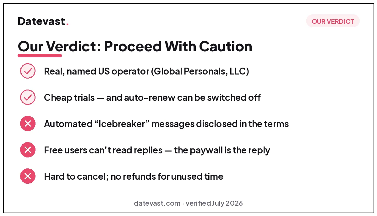 Instabang verdict checklist: real named US operator Global Personals LLC, cheap trials with auto-renew you can switch off, but automated Icebreaker messages disclosed in the terms, free users cannot read replies without paying, and cancellation is hard with no refunds — verdict: proceed with caution