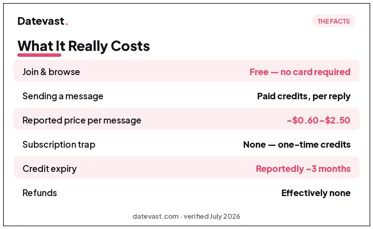 Provocative Neighbors costs at a glance: free to join and browse with no card required, paid credits per message reply, reportedly about $0.60 to $2.50 per message, no subscription, credits reportedly expire after 3 months, refunds effectively none