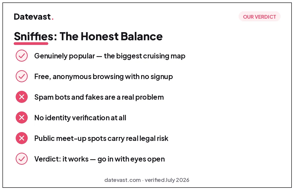 Sniffies verdict checklist: genuinely popular and free with anonymous browsing, but spam bots, no identity verification, and legal risk at public meet-up spots — verdict: it works, go in with eyes open